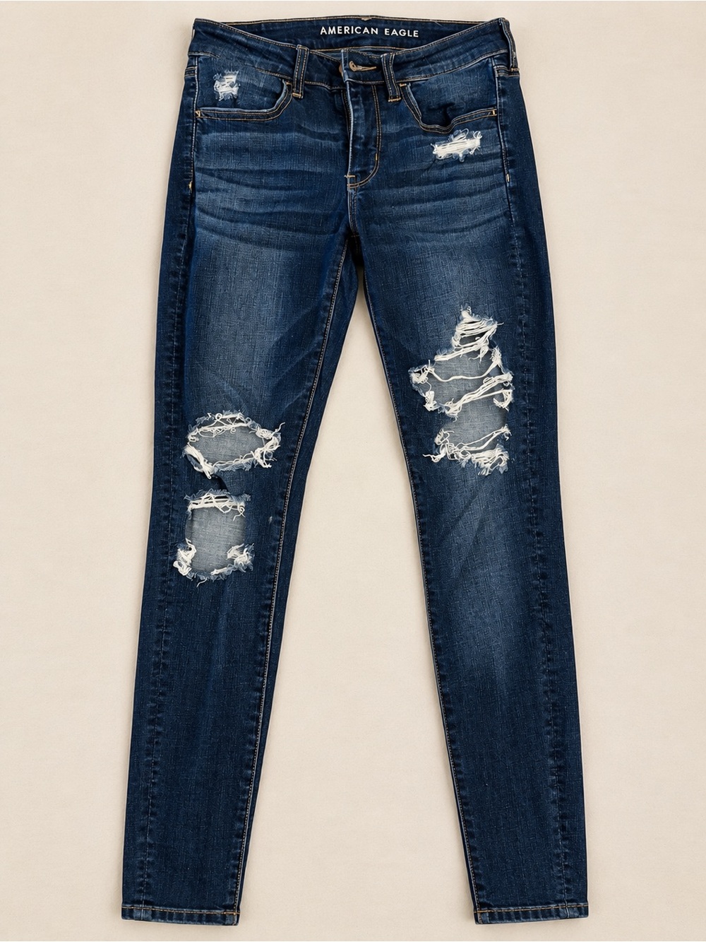 American Eagle Super Stretch Distressed Ripped Skinny Jeans – Dark Wash 6 LONG